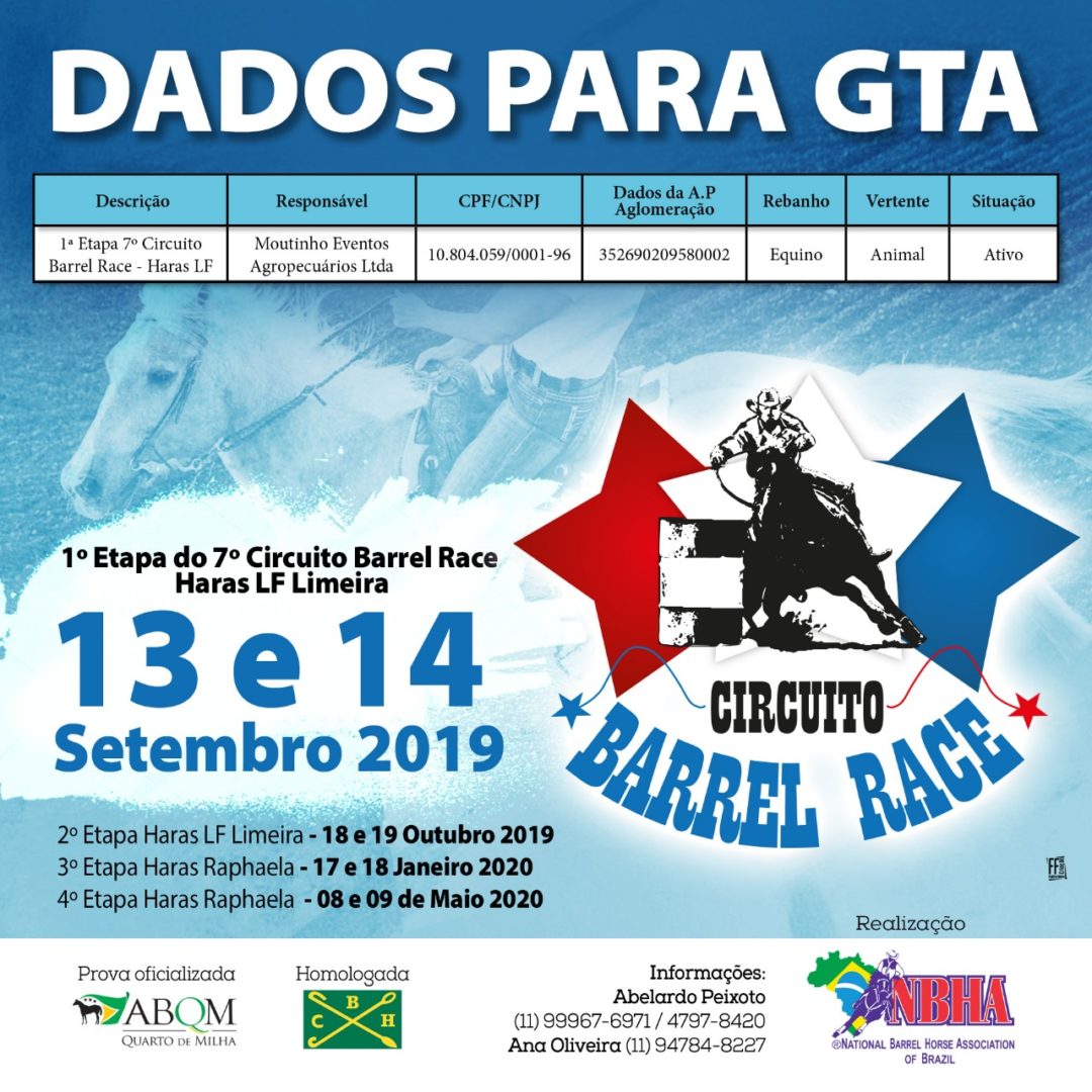 DADOS PARA EMISSÃO DE GTA PARA 1ª ETAPA DP 7º CIRCUITO BARREL RACE