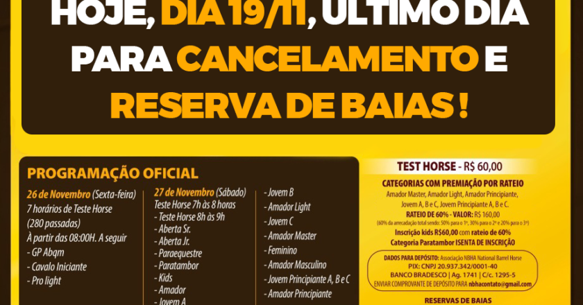 Último dia para reserva e cancelamento de baias